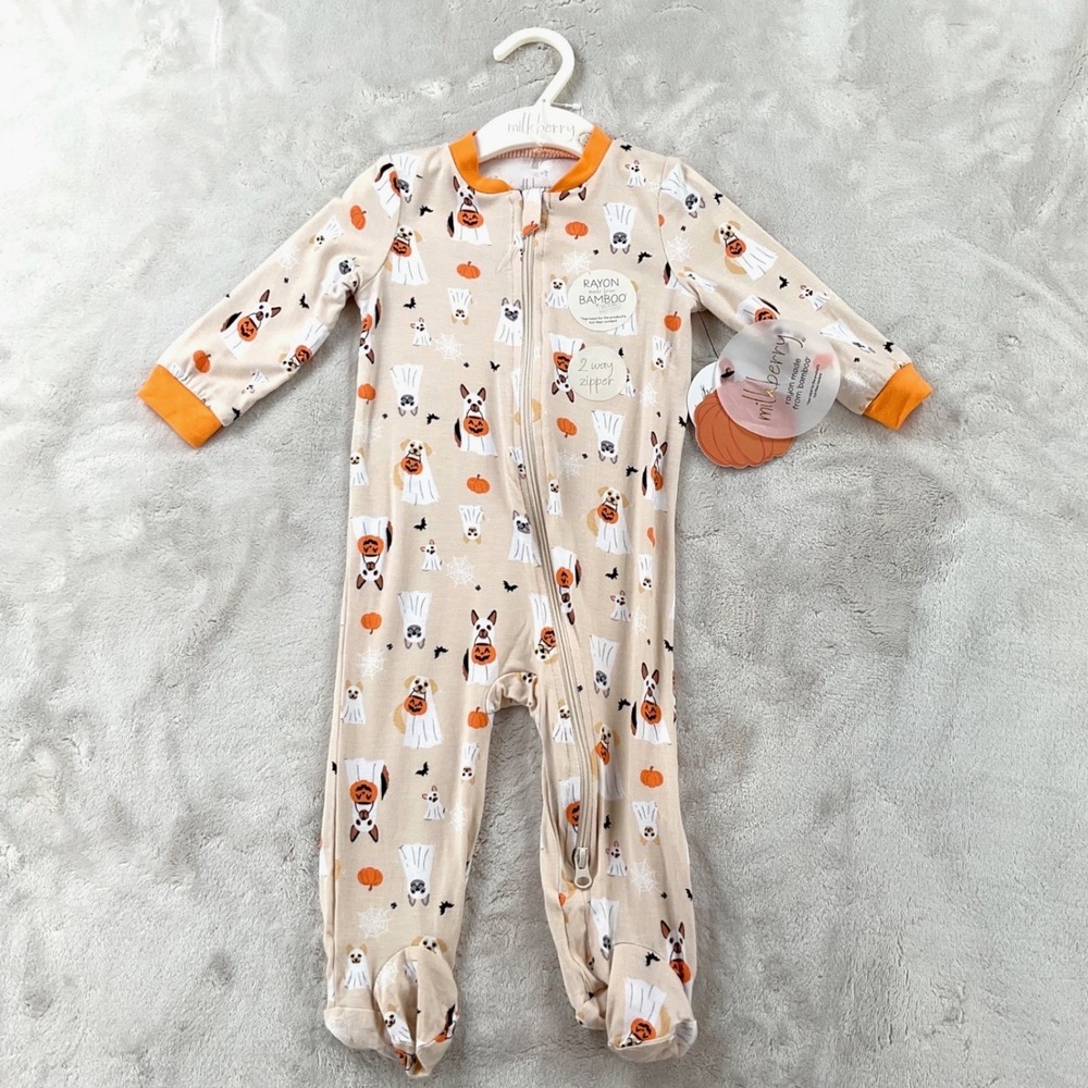 Milkberry Halloween Ghost Dog Bamboo Rayon 2-Way Zip Footed Sleeper 0-3M NWT